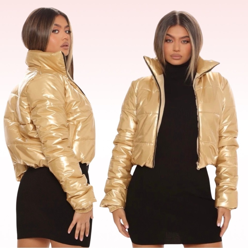 FASHION NOVA Metallic Gold Cropped Puffer Jacket (Sz M)